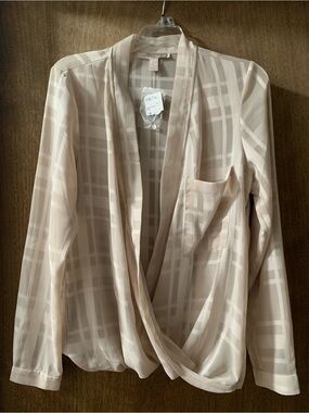Forever 21 Contemporary Cream/Beige SemiSheer Plaid Surplice Drape Front Blouse